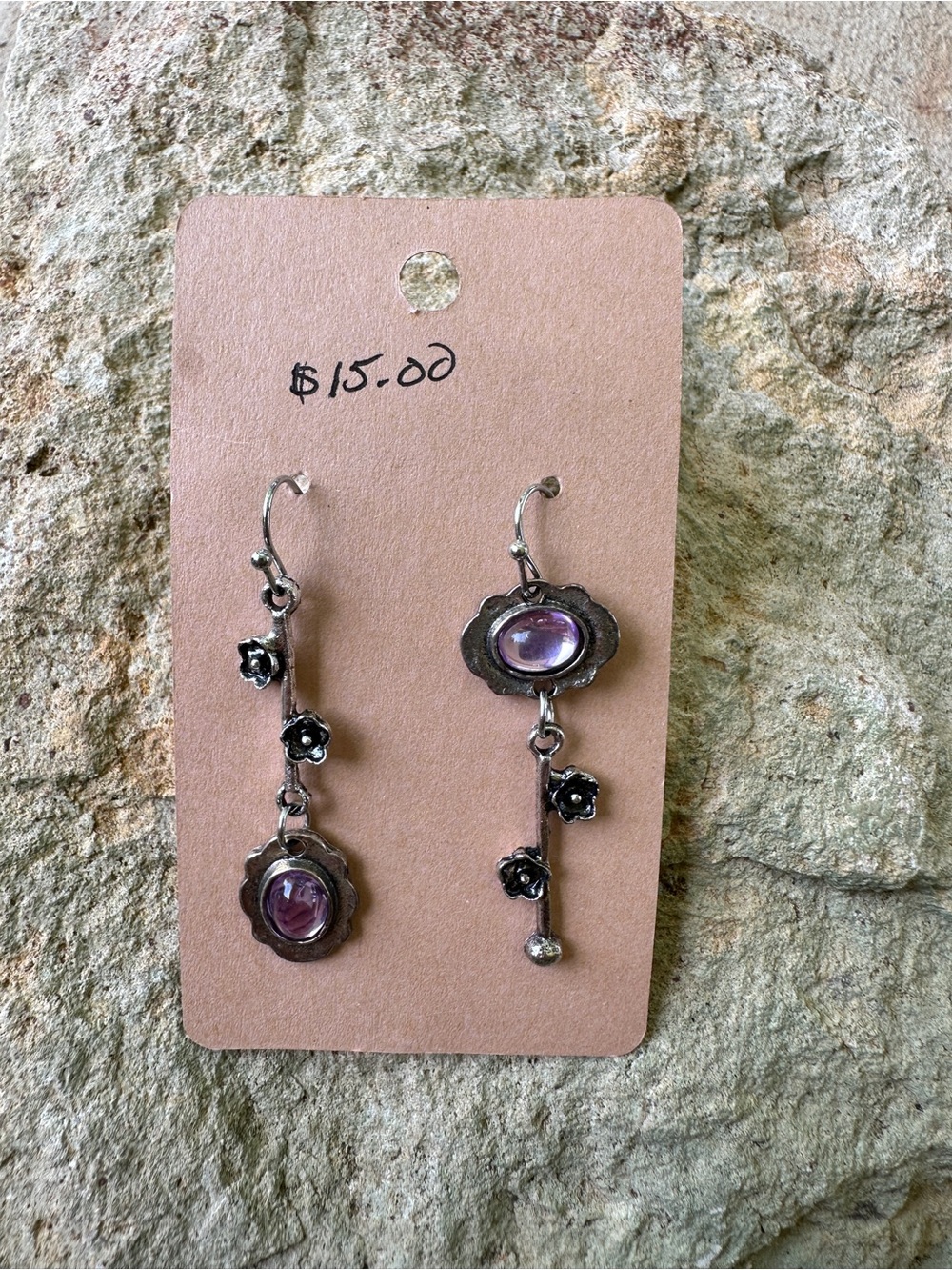 Silver-Tone Floral Drop Earrings with Purple Stone